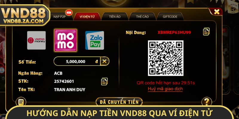 Hướng dẫn nạp tiền VND88 qua ví điện tử